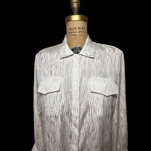 Vintage 90s Adolfo Collectibles White Self pattern Long sleeve Blouse size 9/10
